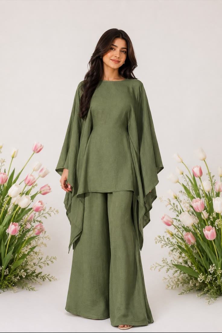 Olive Draped Cape Co-ord Set – 2 Piece