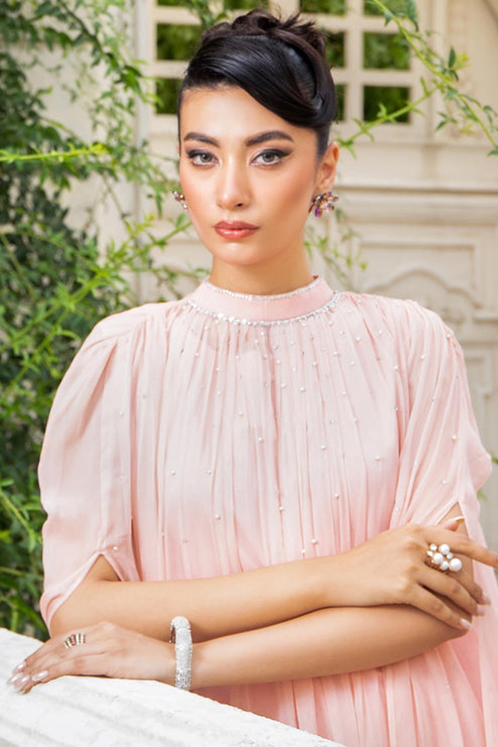 Baby Pink Pleated Cape Style Gown 3pc