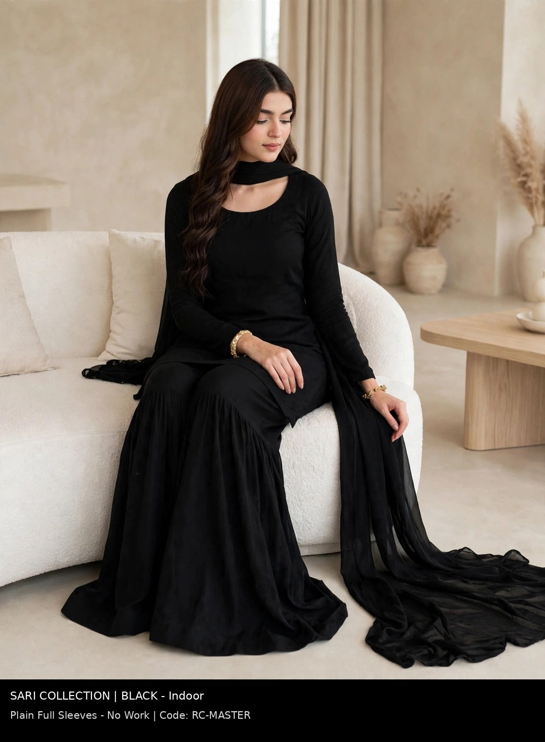 Jet Black Solid Choker Gharara - Full Sleeve Plain Edition